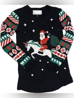 Holiday Santa & Unicorn Knit Sweater - Black/Green/Red